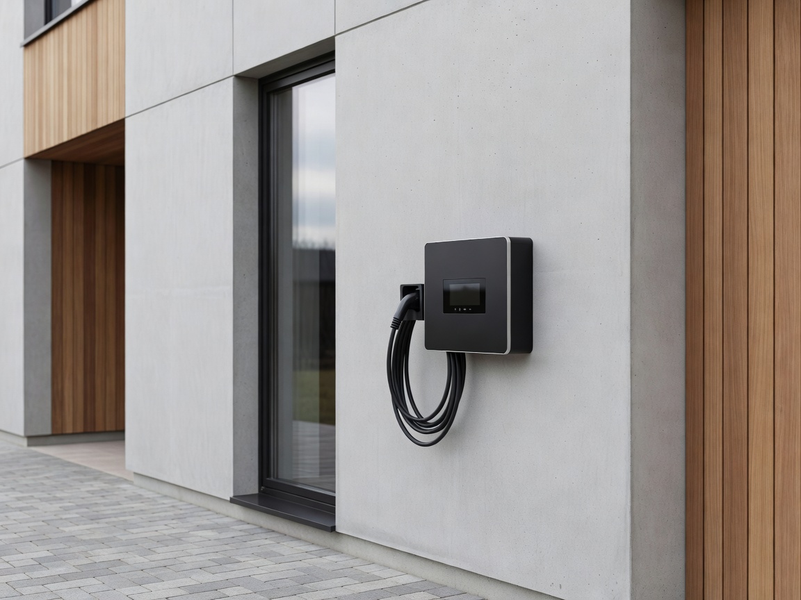 Architectural home smart EV wallbox mounted on modern residence exterior