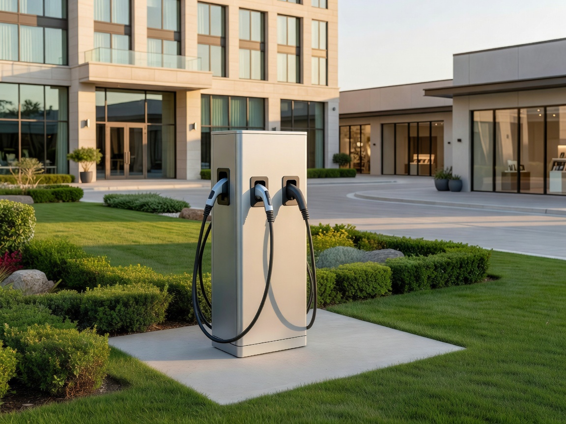 Commercial dual outlet AC destination charger on hotel and retail grounds