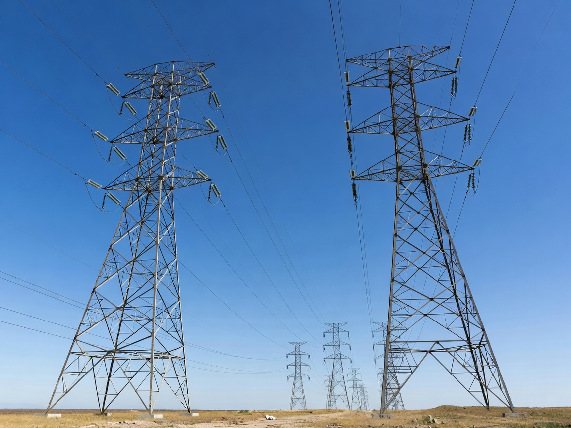 High voltage electricity transmission pylons against blue sky
