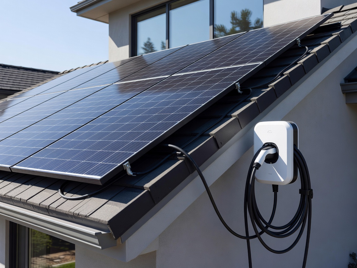 Rooftop solar panels connected to clean energy home charging station