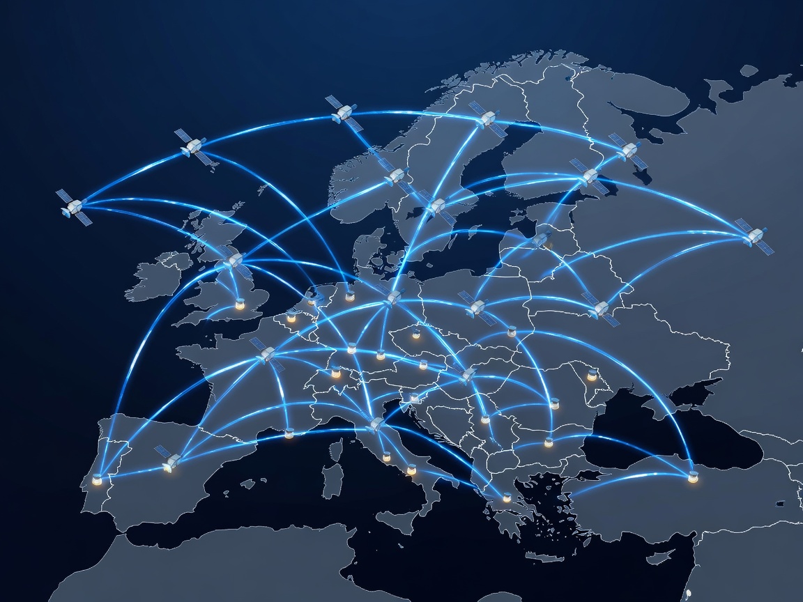 Stylized European satellite network map with smart energy connectivity