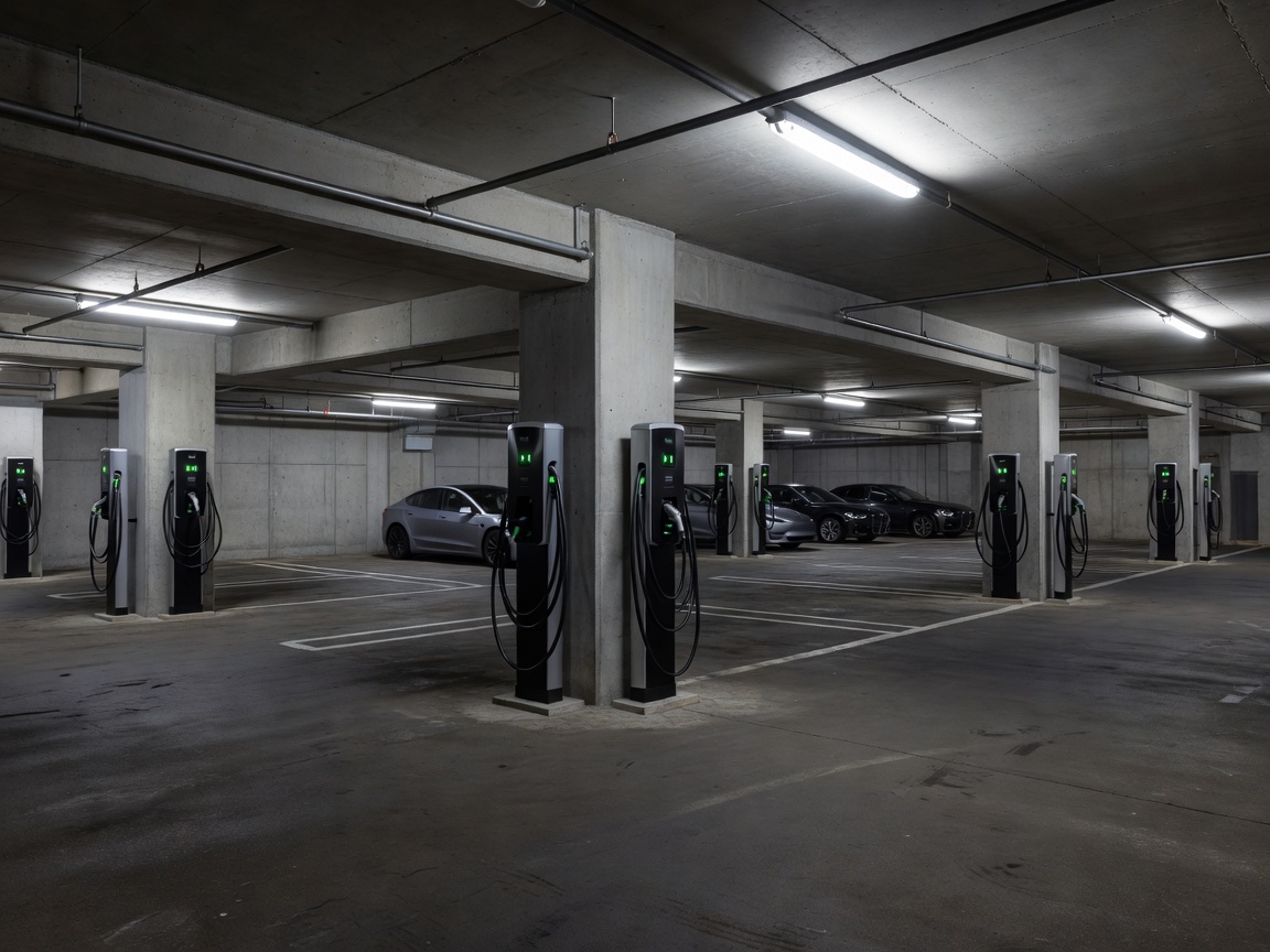 Underground residential apartment parking garage with EV chargers